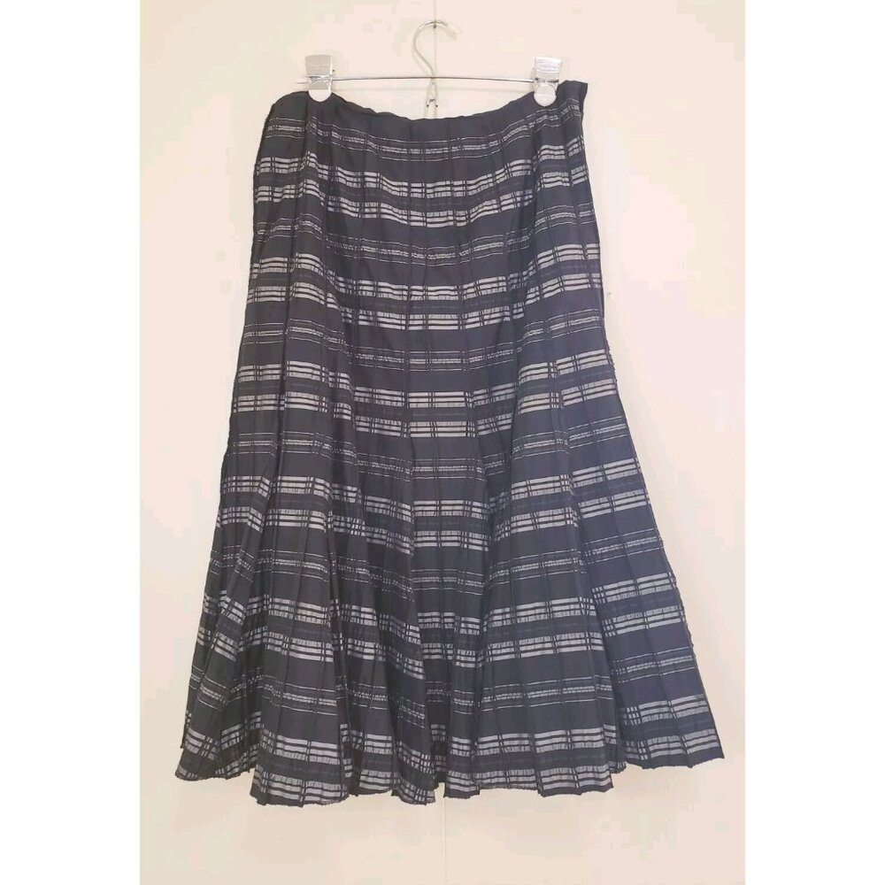 Vtg Carlisle Womens 10 Midi Skirt Pleated Black Silver Stripe A Line Flare Retro